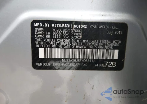 2015 Mitsubishi Mirage De из США, поврежденный, VIN ML32A3HJ5FH055772